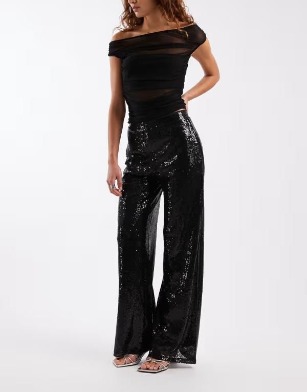 オンリー レディース ボトムス カジュアルパンツ ハイウエスト スパンコール ONLY high waist pull on sequin pants Black sequins ブラック