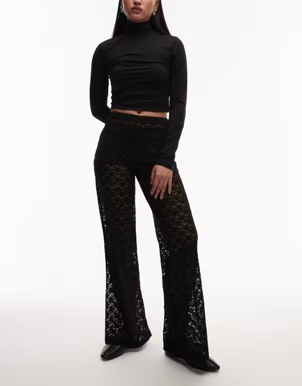 エイソス レディース ボトムス カジュアルパンツ ワイドレッグ シアー レース ASOS DESIGN lace sheer wide leg pants Black ブラック
