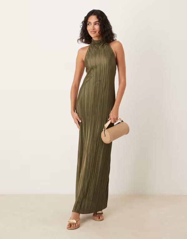 エイソス レディース トップス ワンピース マキシワンピース マキシ ホルター ASOS DESIGN plisse halter tie maxi dress Khaki カーキ