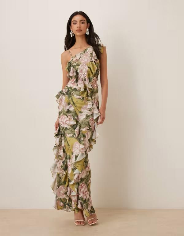 エイソス レディース トップス ワンピース アシンメトリー フラワー柄 プリント フリル サテン マキシ フラワー ASOS DESIGN one shoulder asymmetric ruffle satin embellished maxi dress