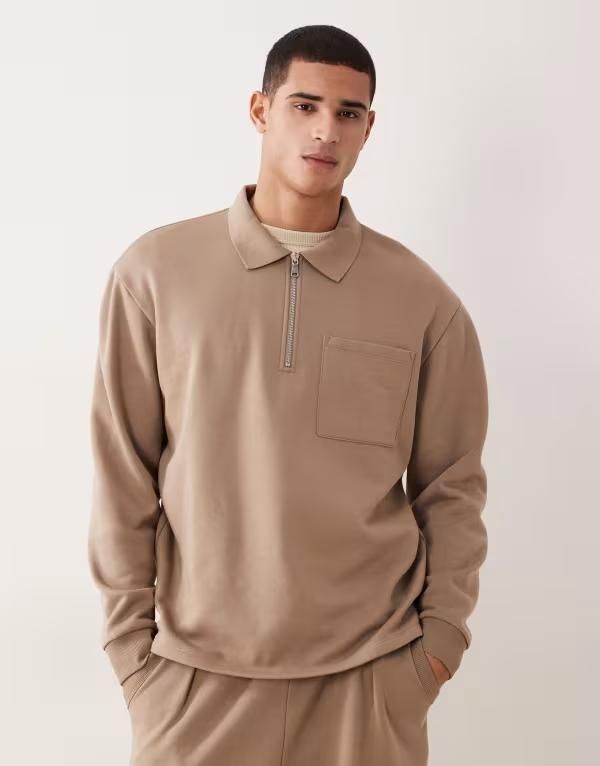 エイソス メンズ アウター パーカー・スウェット ハーフジップ リブ シャツ ASOS DESIGN oversized quarter zip sweatshirt with ribbed collar BEIGE ベージュ