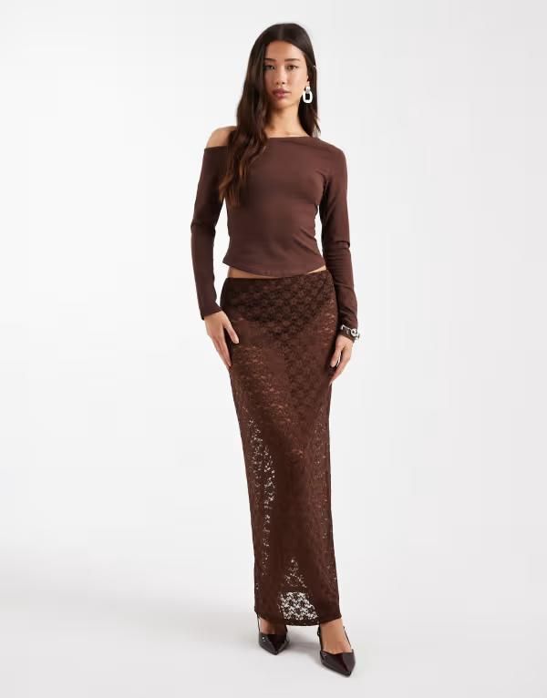 エイソス レディース ボトムスカート シアー レース マキシ ASOS DESIGN lace sheer column maxi skirt in chocolate チョコレート