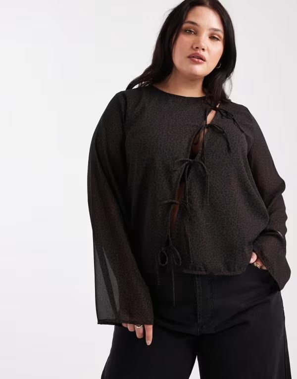 オンリーカーブ レディース トップス Tシャツ タイディテール アシンメトリー プリント ONLY Curve asymmetric tie detail top leopard print BROWN ブラウン