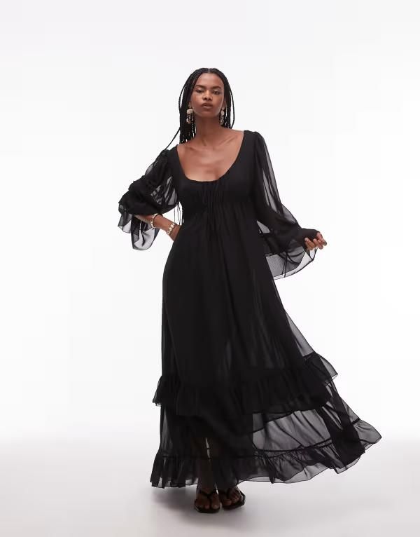 エイソス レディース トップス ワンピース シフォン マキシワンピース マキシ ASOS DESIGN chiffon soft volume tie front maxi dress Black ブラック
