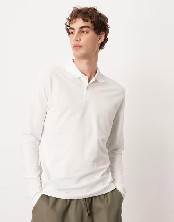 エイソス メンズ トップス ポロシャツ ASOS DESIGN Essentials long sleeve polo shirt pique WHITE ホワイト