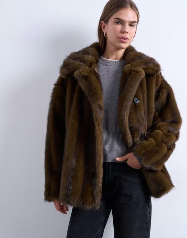 トップショップ レディース アウター コート Topshop faux fur short car coat inatural stripes Natural stripe ストライプ 29,120円