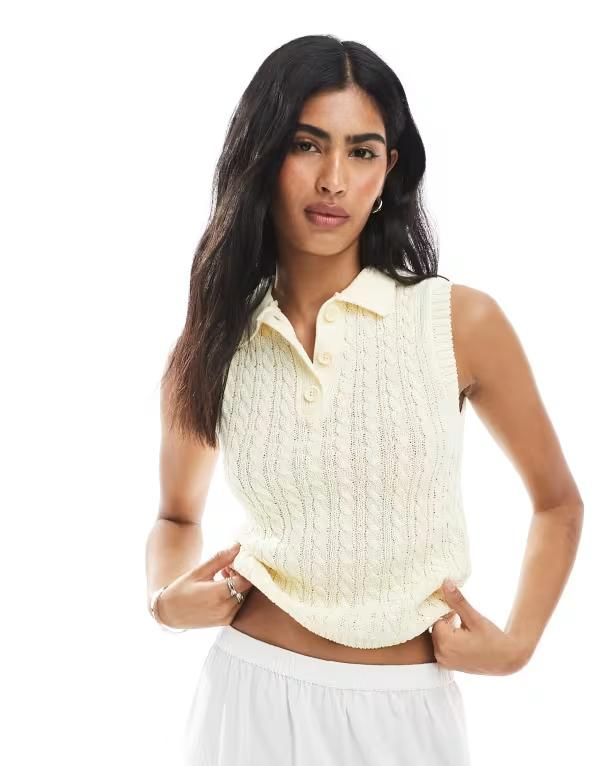 エイソス レディース トップス タンクトップ ポロシャツ ニット ASOS DESIGN cable knit stitch polo top in ecru エクリュ