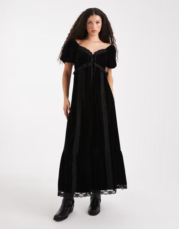 ミスセルフフリッジ レディース トップス ワンピース ベルベット レース マキシ Misselfridge velvet and lace puff sleeve maxi dress Black ブラック