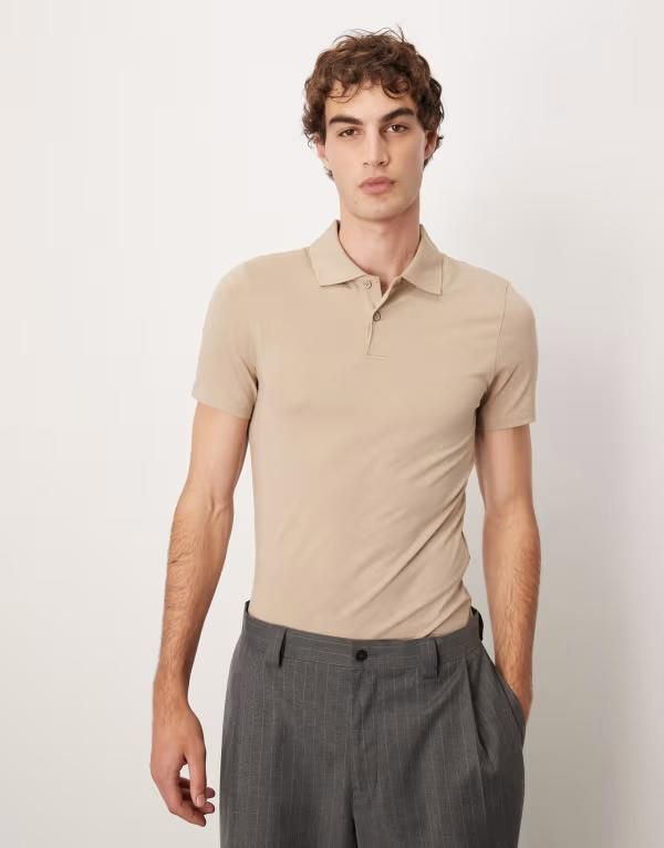 エイソス メンズ トップス ポロシャツ ASOS DESIGN Essentials muscle fit polo Crockery ベージュ