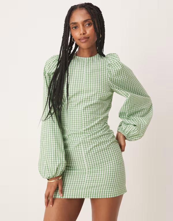 エイソス レディース トップス ワンピース ミニワンピース ギンガムチェック ミニ ギンガム ASOS DESIGN fit and flare mini dress with tie back detail gingham Green gingham グリー