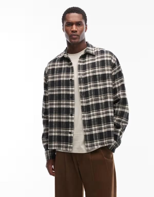 エイソス メンズ トップス シャツ ヴィンテージ ASOS DESIGN boxy oversized vintage look flannel plaid shirt with chest pocket Black ブラック