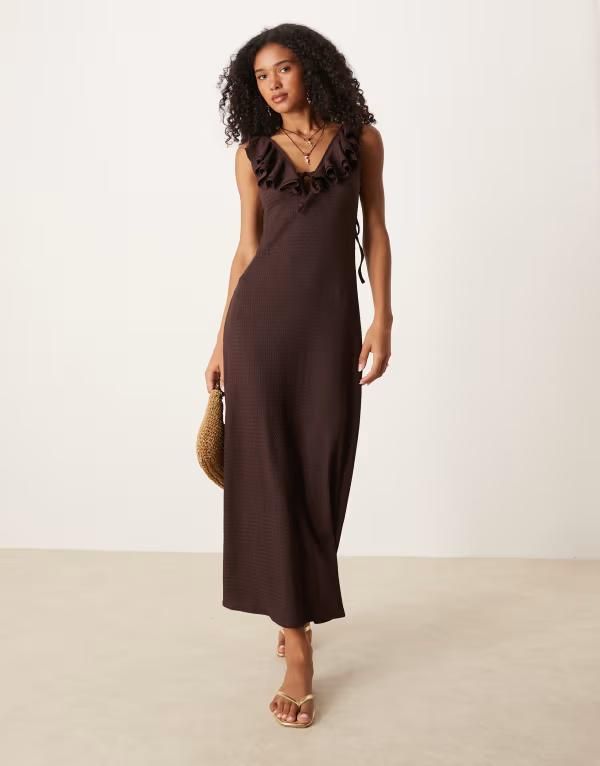 エイソス レディース トップス ワンピース ミディ ASOS DESIGN textured frill detail midi dress in chocolate チョコレート