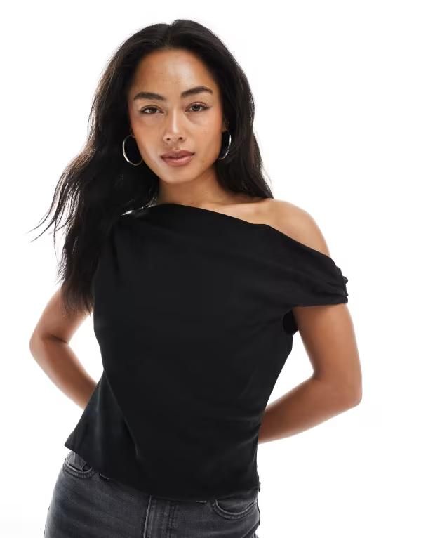 エイソス レディース トップス タンクトップ ドレープ ASOS DESIGN lyocell drape off shoulder top Black ブラック