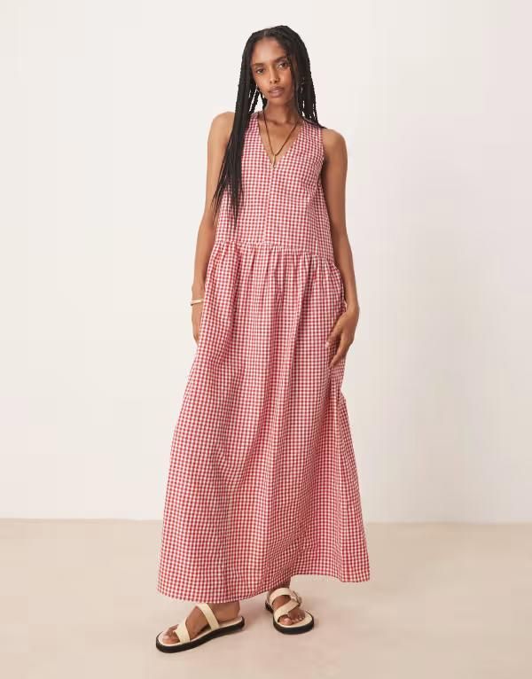 エイソス レディース トップス ワンピース マキシワンピース ギンガムチェック マキシ ギンガム ASOS DESIGN smock maxi dress with bow back detail gingham Red gingham レッド