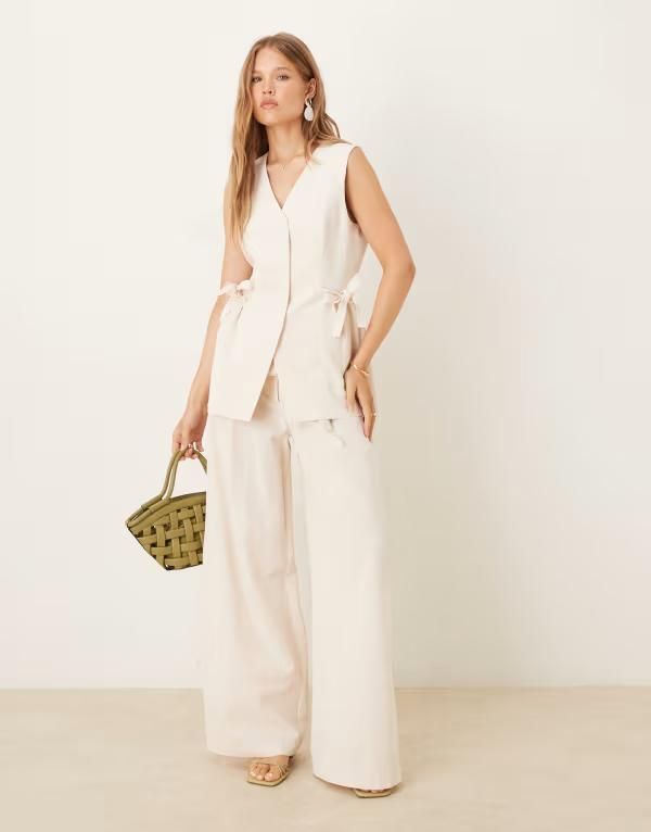 エイソス レディース ボトムス カジュアルパンツ パンツ リネン ASOS DESIGN linen blend tie waist pants part of a set Ivory アイボリー
