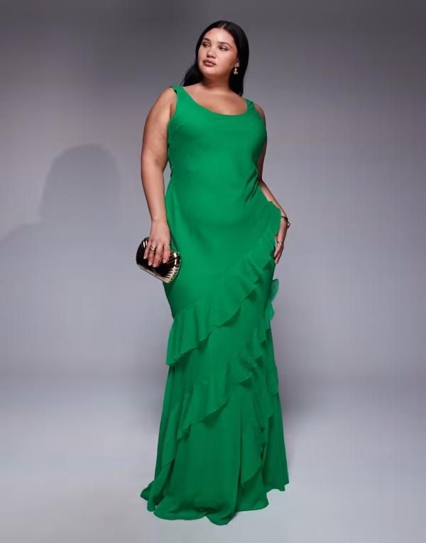 エイソス レディース トップス ワンピース カットアウト フリル スカート マキシ ASOS Curve ASOS DESIGN Curve scoop neck maxi dress with ruffle skirt and cut out back in