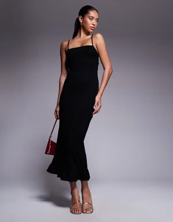 エイソス レディース トップス ワンピース フリル裾 マキシワンピース フリル レース マキシ ASOS DESIGN laceup back strappy cami maxi dress with ruffle hem Black ブラック