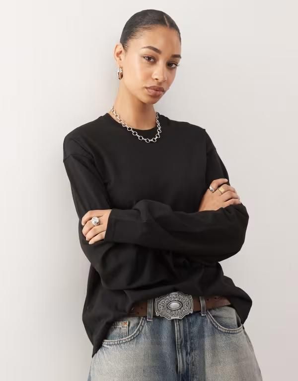 ウィークデイ レディース トップス Tシャツ Weekday oversized boxy fit long sleeve tshirt Black ブラック