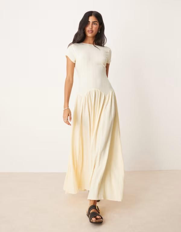 エイソス レディース トップス ワンピース マキシワンピース プリント Tシャツ マキシ ASOS DESIGN dropped waist Tshirt maxi dress in stripe print YELLOW イエロー