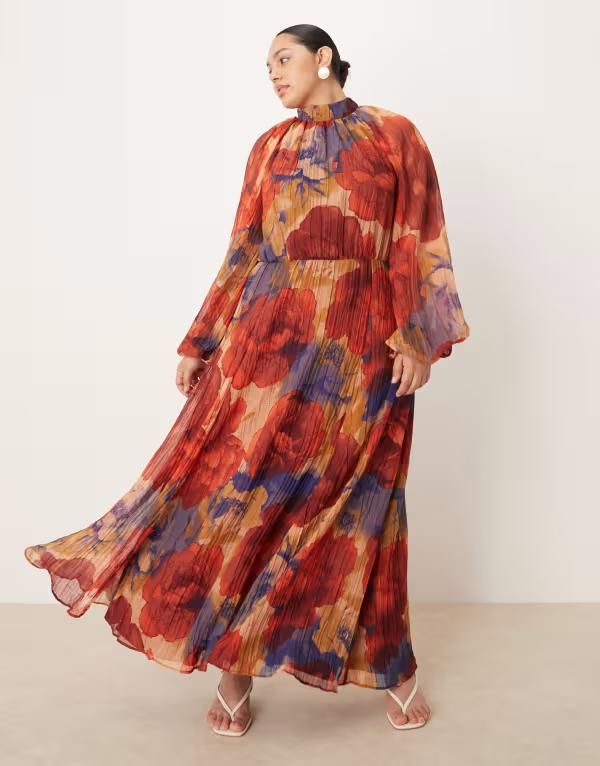 エイソス レディース トップス ワンピース ハイネック フラワー柄 プリーツ プリント マキシ フラワー ASOS Curve ASOS DESIGN Curve crinkle pleated blouson sleeve high neck maxi dr