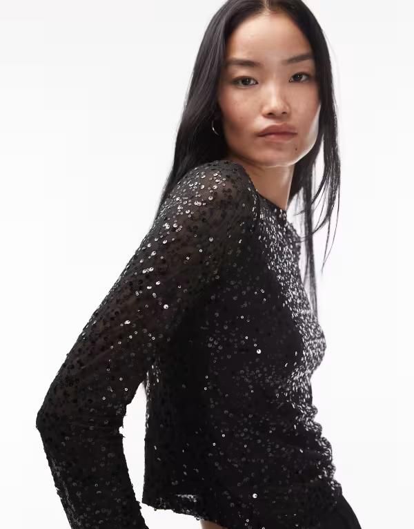 エイソス レディース トップス Tシャツ メッシュ シアー スパンコール ASOS DESIGN sequined sheer mesh long sleeve wiggle top Black ブラック