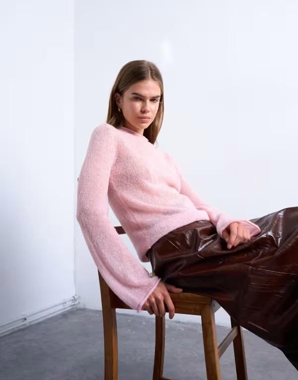トップショップ レディース トップス Tシャツ タートルネック シアー ニット Topshop knit sheer turtle neck top in light PINK ピンク