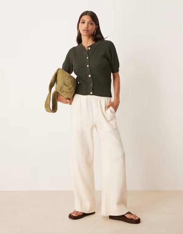 エイソス レディース アウター カーディガン ASOS DESIGN textured short sleeve cardigan with gold buttons Khaki カーキ
