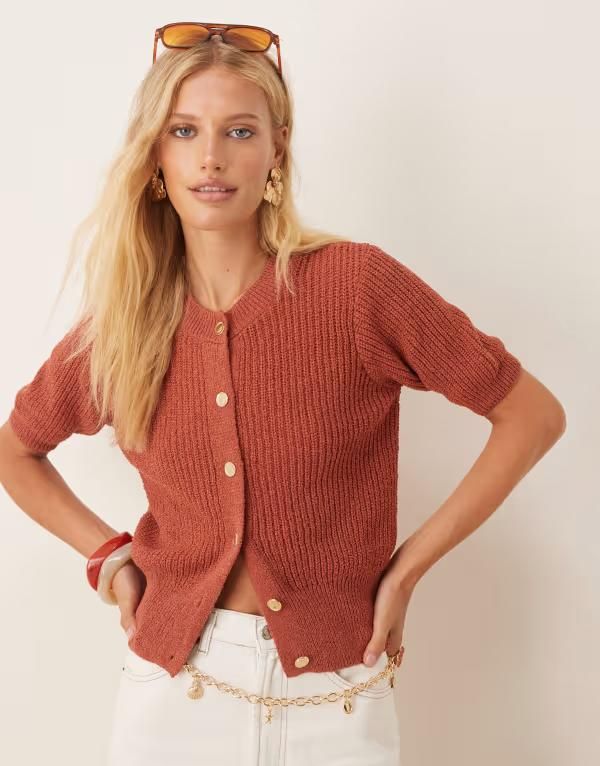 エイソス レディース アウター カーディガン ASOS DESIGN textured short sleeve cardigan with gold buttons in rustラスト