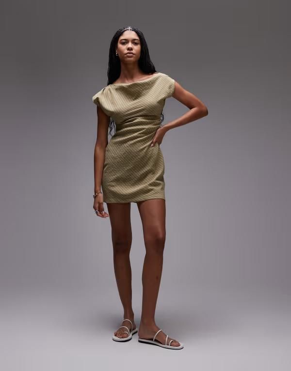 トップショップ レディース トップス ワンピース ウエストマーク ミニワンピース ミニ Topshop cinched waist grown on neck mini dress stripes GREEN グリーン 7,184円