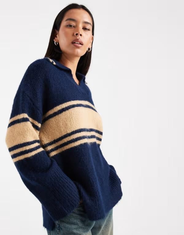 オンリー レディース トップス ポロシャツ ニット ONLY split necknit polo stripe NAVY ネイビー