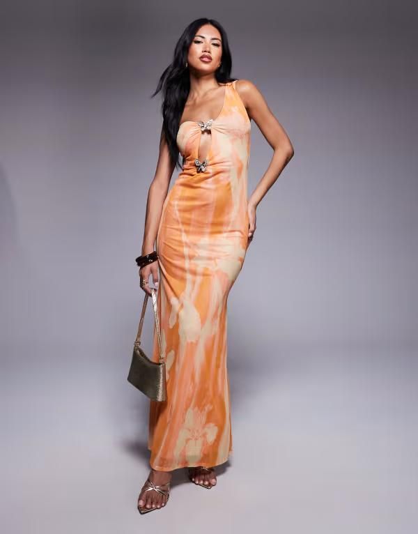 エイソス レディース トップス ワンピース アシンメトリー マキシワンピース フラワー柄 プリント メッシュ マキシ フラワー ASOS DESIGN mesh asymmetric one shoulder maxi dress with gold butt