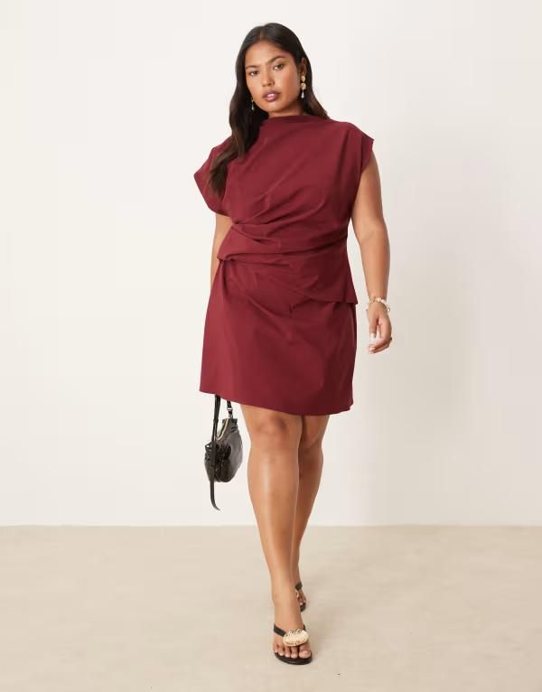 エイソス レディース トップス ワンピース ハイネック ミニワンピース プリーツ ミニ ASOS Curve ASOS DESIGN Curve high neck pleated bengaline mini dress Burgundy バーガンディ
