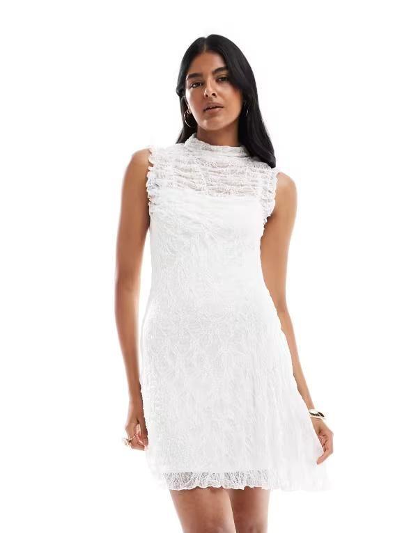 ヴェロモーダ レディース トップス ワンピース ミニワンピース ギャザー ミニ レース Vero Moda ruched lace mini dress with lining Snow white ホワイト