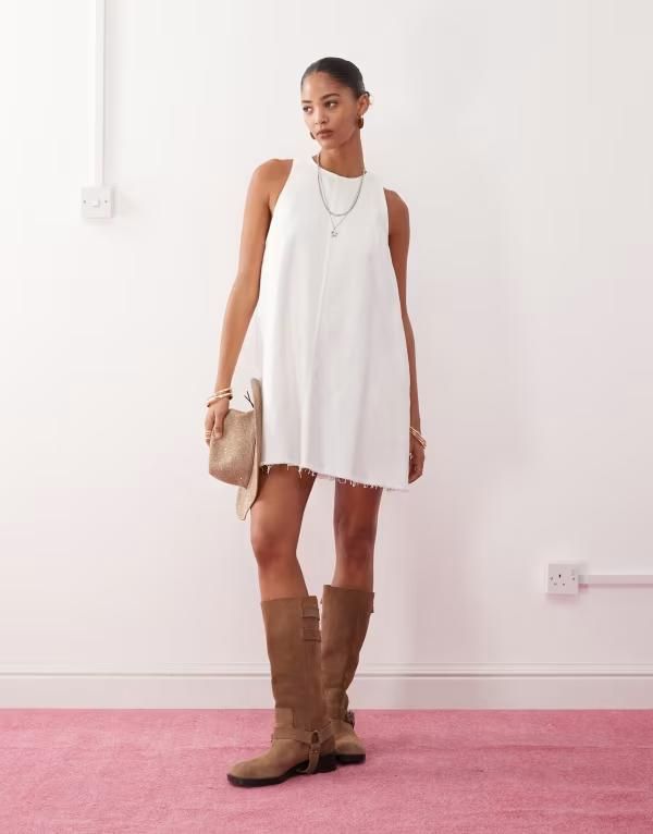 モンキ レディース トップス ワンピース A ライン ミニワンピース ミニ ノースリーブ Monki sleeveless a line mini dress with frayed edges White ホワイト