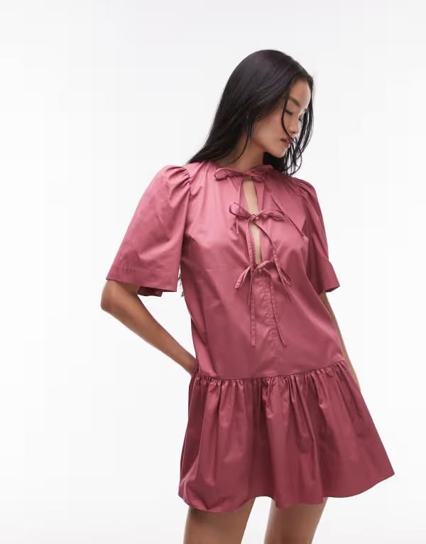 アンドアザーストーリーズ レディース トップス ワンピース ミニワンピース ミニ Other Stories mini dress with drop waist and tie front raspberry raspberry レッド