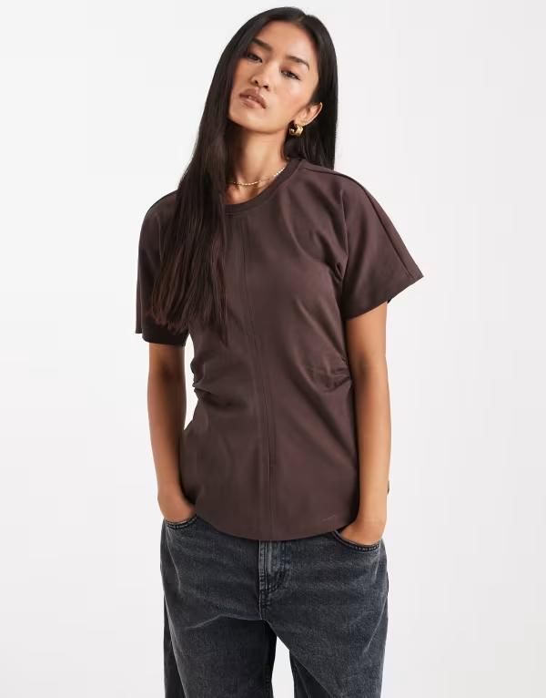 オンリー レディース トップス Tシャツ ギャザー ONLY ruchedetail top BROWN ブラウン