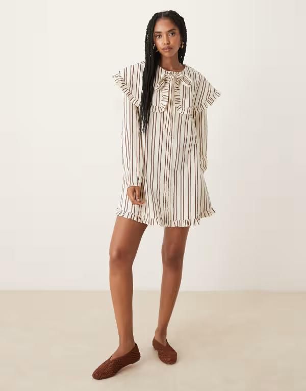 ネオンローズ レディース トップス ワンピース ミニ Neon Rose striped oversized collar mini smock dress in olive and BrownOlive オリーブ