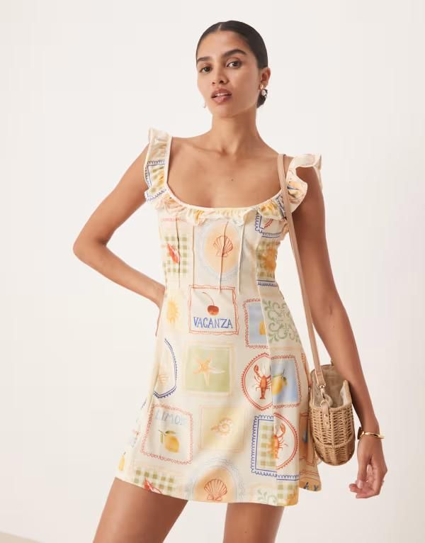 エイソス レディース トップス ワンピース ミニワンピース プリント フリル ミニ ASOS DESIGN ruffle front and straps mini dress in postcard print Postcard print