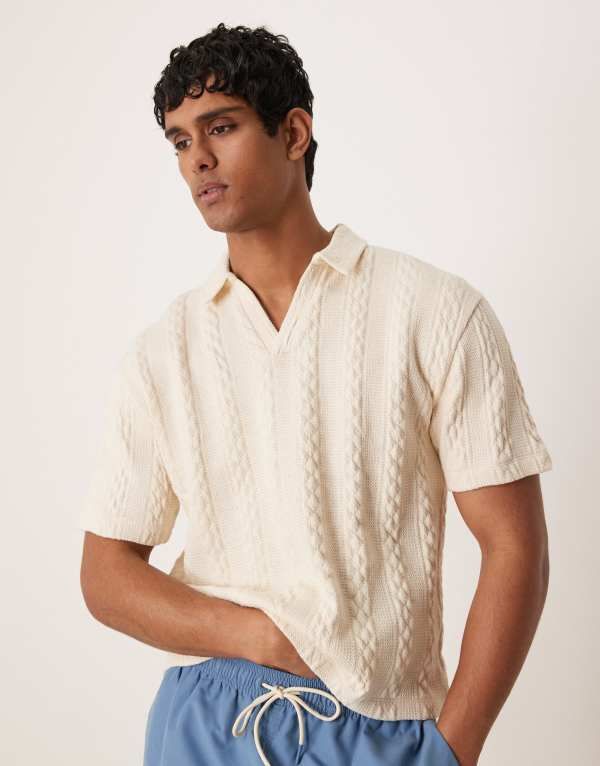 エイソス メンズ トップス ポロシャツ ニット ASOS DESIGN boxy relaxed polo shirt in heavyweight cream cable knit texture CREAM クリーム
