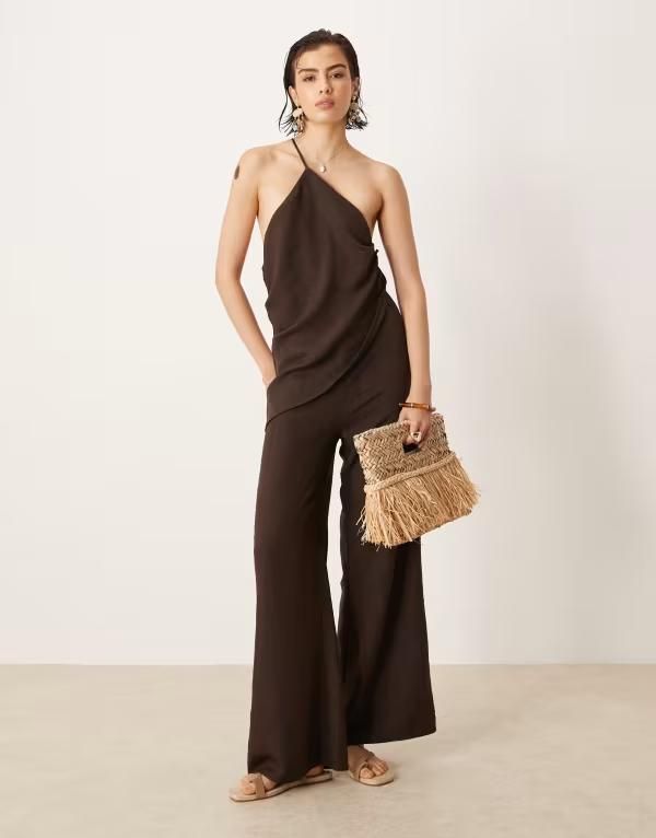 エイソス レディース トップス ジャンプスーツ アシンメトリー リネン ASOS DESIGN linen jumpsuit with asymmetric ties in chocolate Chocolate チョコレート