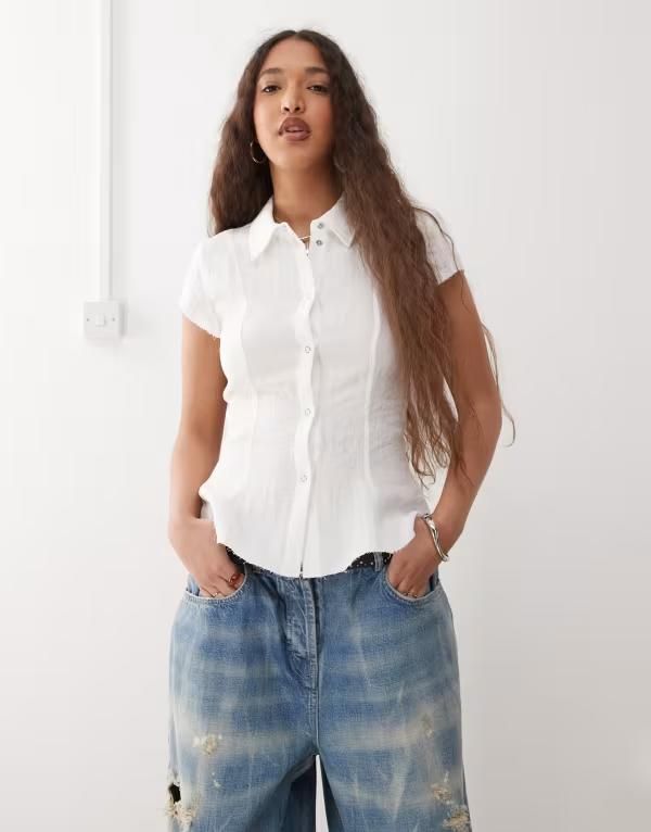 ウィークデイ レディース トップス Tシャツ キャップ Weekday crinkle cap sleeve shirt Offwhite オフホワイト