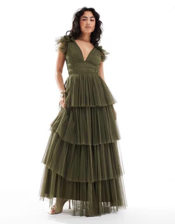 レース アンド ビーズ レディース トップス ワンピース チュール ティアード マキシワンピース フリル マキシ Lace Beads Bridesmaid ruffle tiered tulle maxi dress in deep olive Deep o