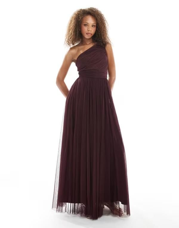 レース アンド ビーズ レディース トップス ワンピース マキシワンピース マキシ Lace Beads Bridesmaid one shoulder maxi dress in plum Plum プラム