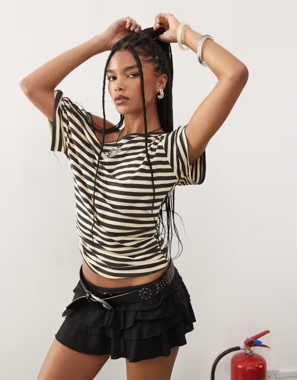 コルージョン レディース トップス Tシャツ COLLUSION off the shoulder drapey top in yellow micro stripe YELLOW MICRO STRIPE イエロー
