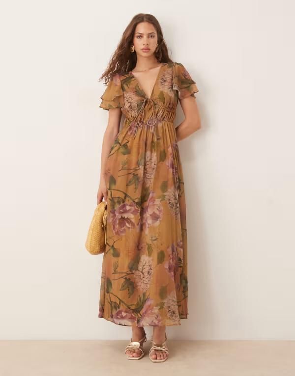 エイソス レディース トップス ワンピース Vネック カットアウト マキシワンピース フラワー柄 プリント マキシ フラワー ASOS DESIGN Vneck angel sleeve cutout maxi dress in floral print Fl