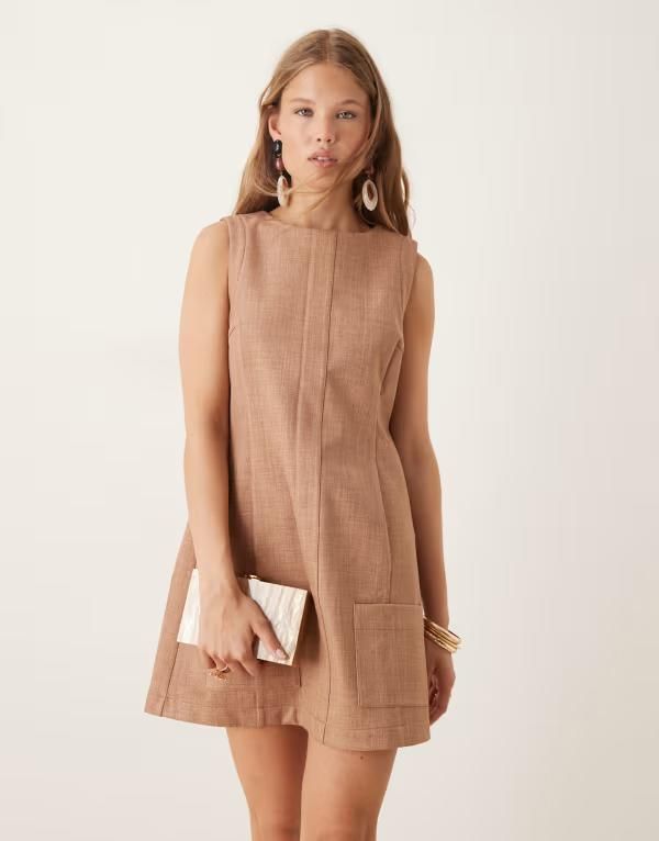 エイソス レディース トップス ワンピース ミニ ASOS DESIGN bonded mini shift dress with pocket detailing in camel CAMEL キャメル