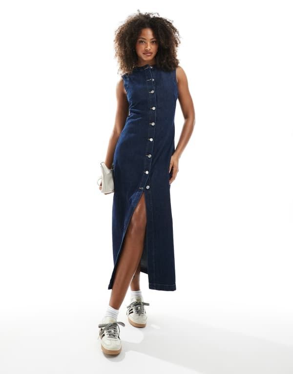 エイソス レディース トップス ワンピース マキシワンピース デニム マキシ ASOS DESIGN round neck denim maxi dress with button front opening in indigo Indigo インディゴ