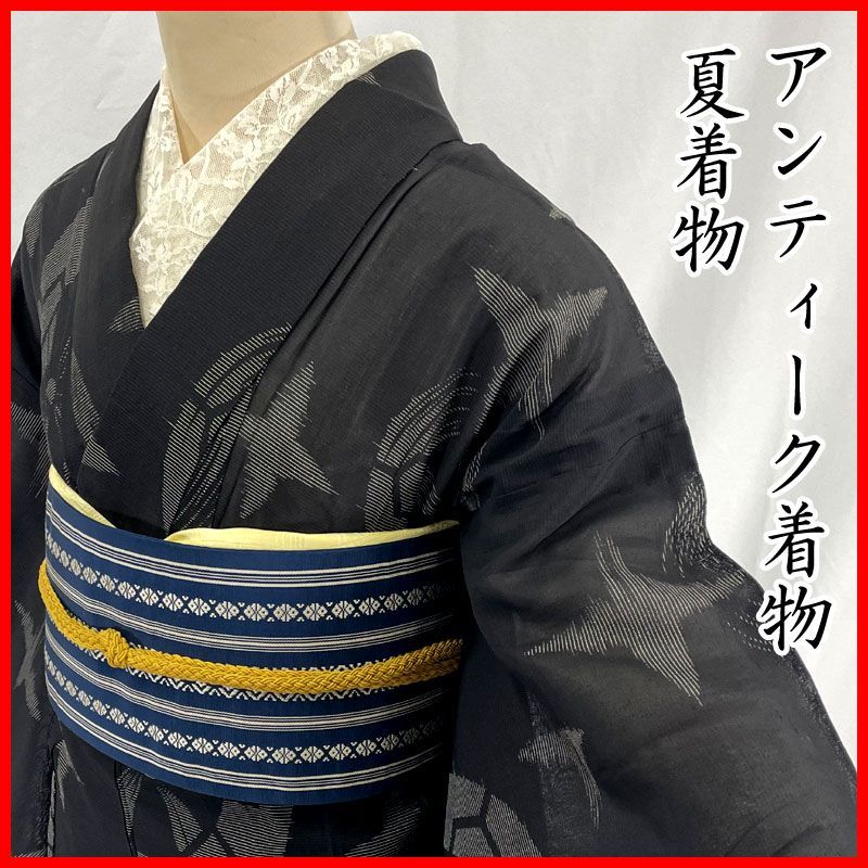 606aa5◇アンティーク着物 夏着物 源氏車 十字絣 レトロモダン 大正ロマン 昭和レトロ 和洋MIX◇状態良好