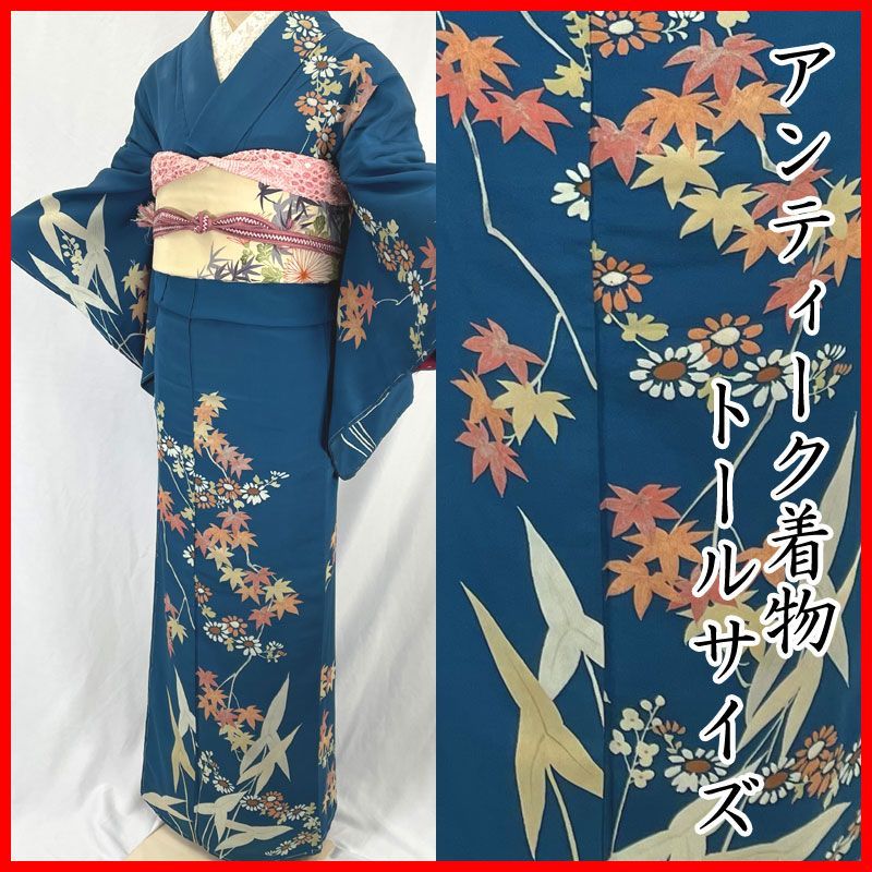 606aa11◇アンティーク着物 貴重なトールサイズ! 紅葉 沢瀉 菊 レトロモダン 大正ロマン 昭和レトロ 和洋MIX◇状態良好