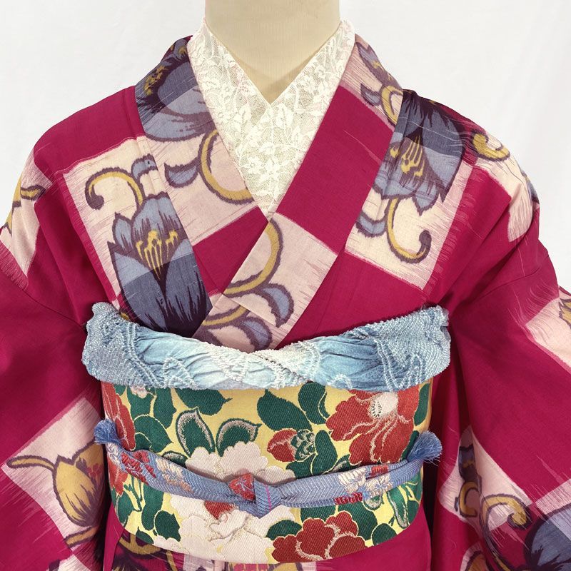 606aa15◇アンティーク着物 銘仙 十字市松 花 レトロモダン 大正ロマン